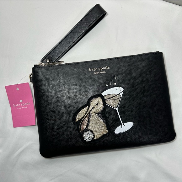 Kate Spade Boozy Bunny Black Saffiano Leather Wristlet NWT - Picture 4 of 8